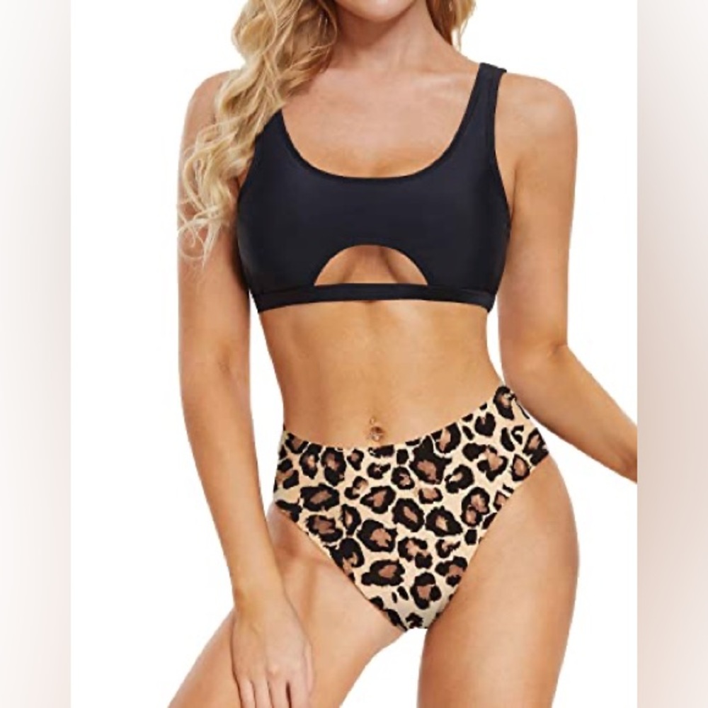 Black and cheetah high waisted high cut cheeky bikini